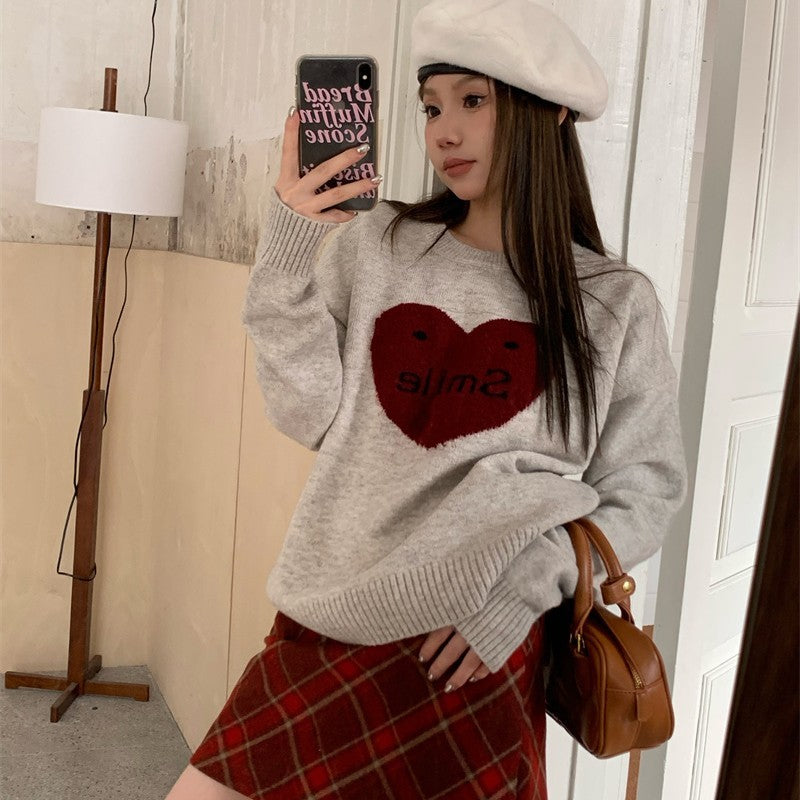 Love Jacquard Pullover Sweater – Sweet & Cozy Style for Women