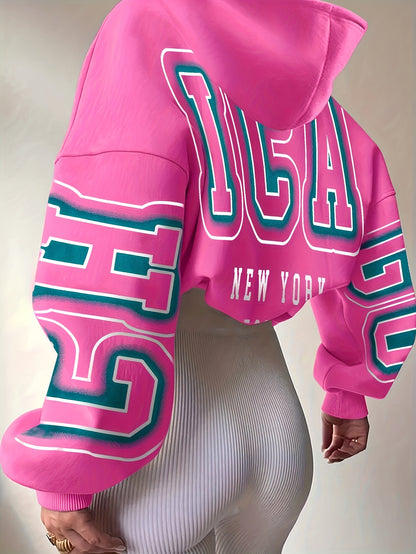Spechir Women’s Black Hoodie – Pink & White Letter Graphic Pullover for Spring & Fall