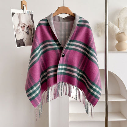 Double-Sided Wool Cloak – Tassel Shawl with Color Grid for Winter