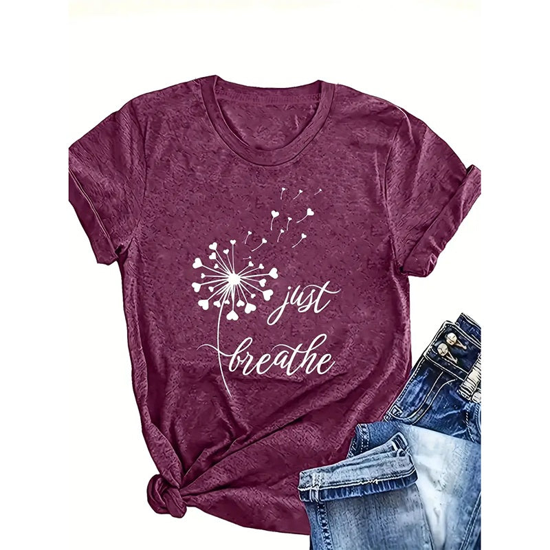 Just Breathe Dandelion T-Shirt – Women’s V-Neck Casual Tee, Yoga & Everyday Outfit