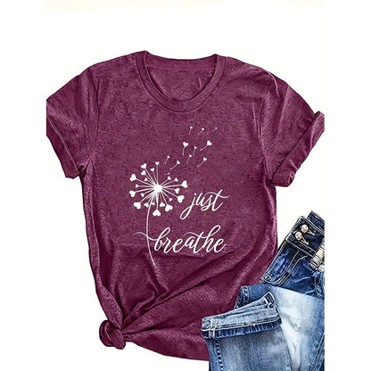 Just Breathe Dandelion T-Shirt – Women’s V-Neck Casual Tee, Yoga & Everyday Outfit