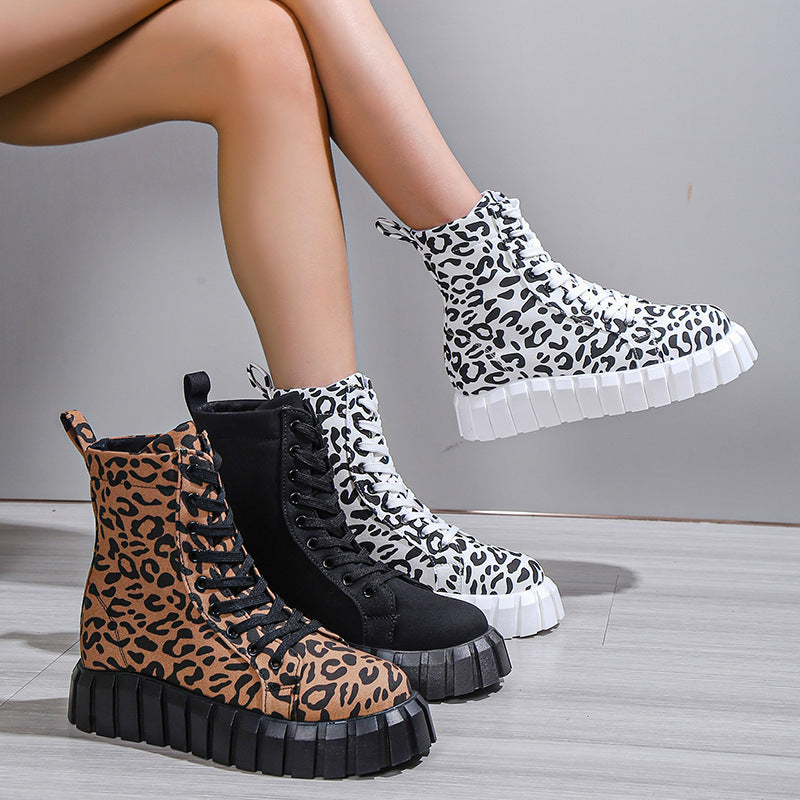 Leopard Print Platform Martin Boots for Women | Suede Mid-Heel Street Style Boots