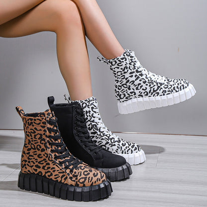 Leopard Print Platform Martin Boots for Women | Suede Mid-Heel Street Style Boots