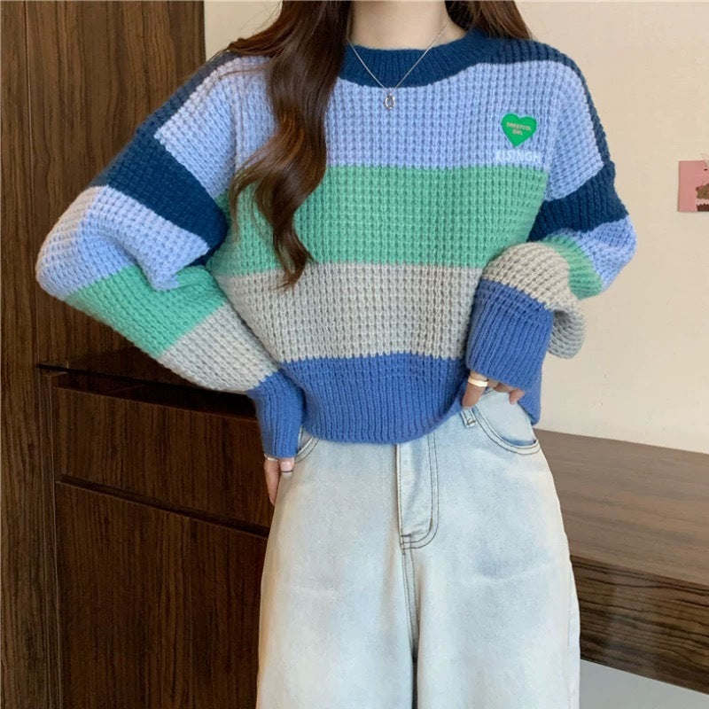 Bold Rainbow Stripe Color Block Knit Pullover Sweater
