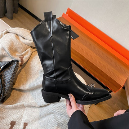 Genuine Leather Knee Boots For Women Western Cowboy Style For Winter