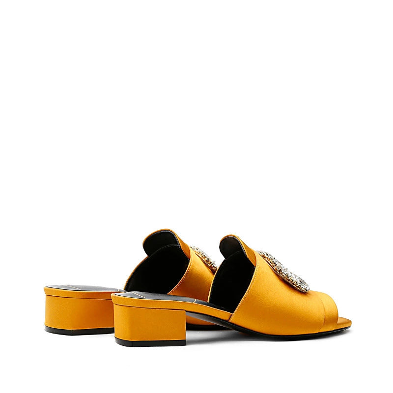 Square Rhinestones Decor Low Heel Women Summer Slippers