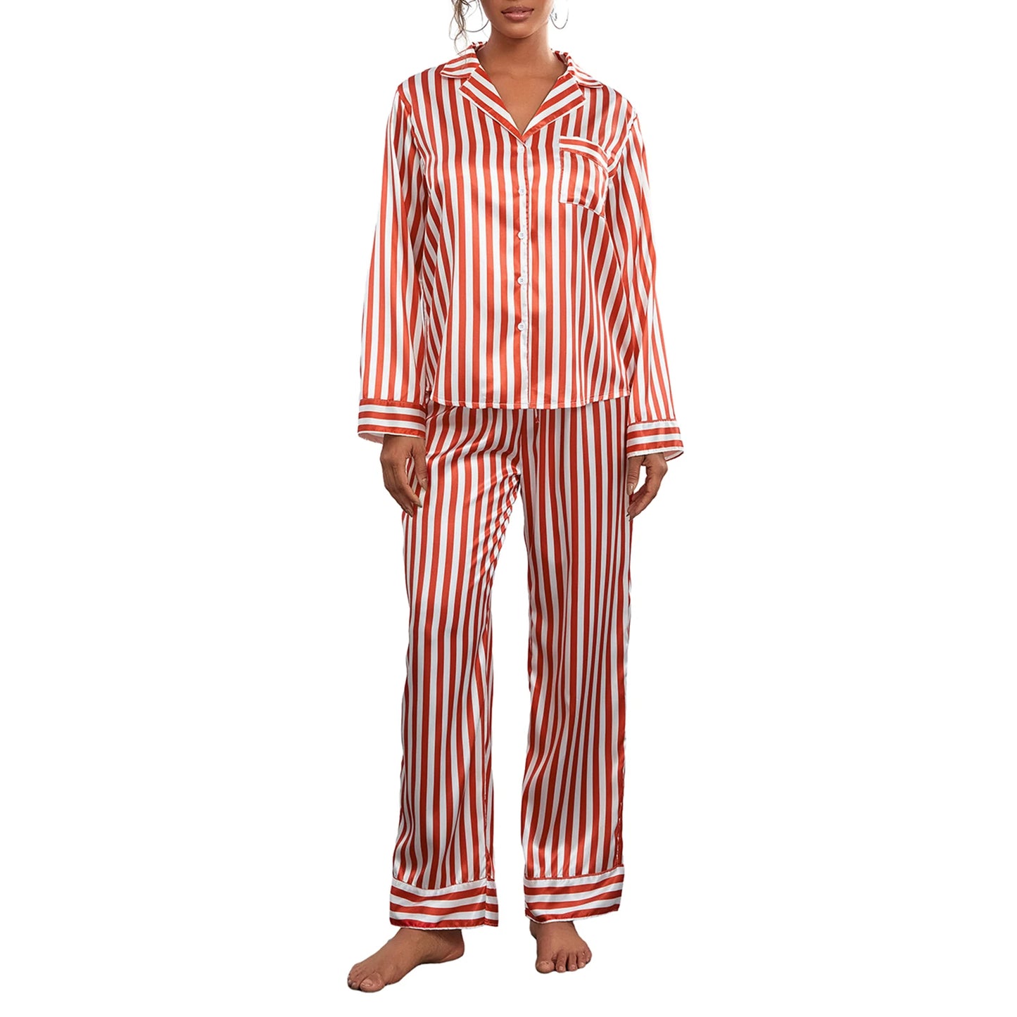 Hirigin Christmas Women’s Striped Pajama Set – Long Sleeve Satin Shirt & Elastic Wide Loose Pants, 2-Piece Lounge Sleepwear