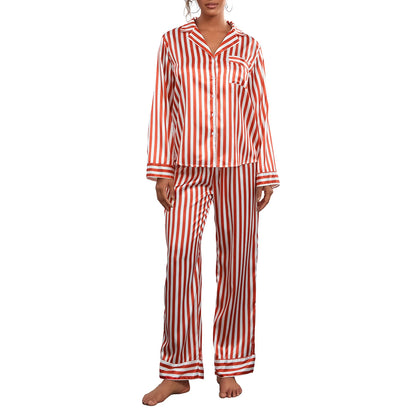 Striped Long Sleeve Satin Women's Christmas Pajama Sets