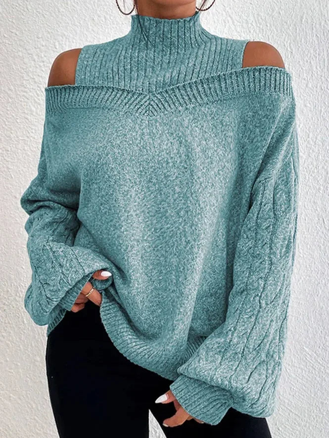 Off-Shoulder High Neck Sweater – European & American Style, Loose Fit Long Sleeve Knit Cardigan for Autumn & Winter