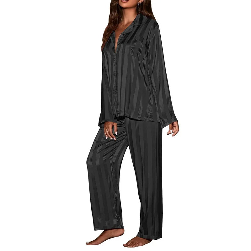 Women's Striped Satin Pajama Set – Solid French Silk 2-Piece Loungewear for Ultimate Comfort