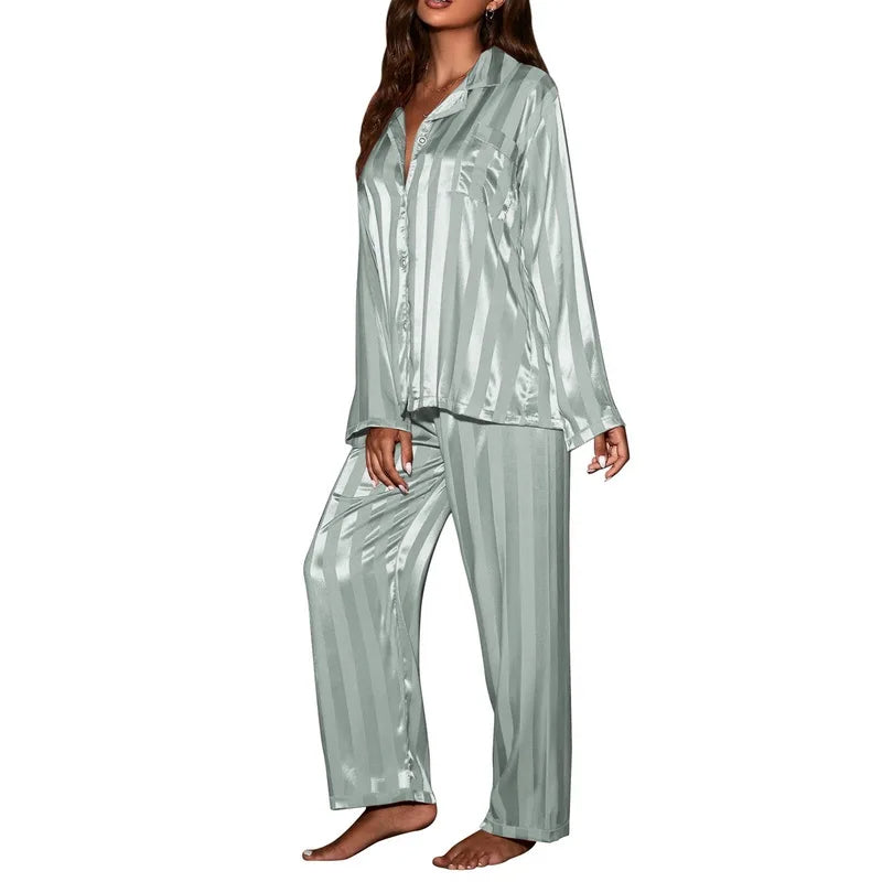 Women's Striped Satin Pajama Set – Solid French Silk 2-Piece Loungewear for Ultimate Comfort