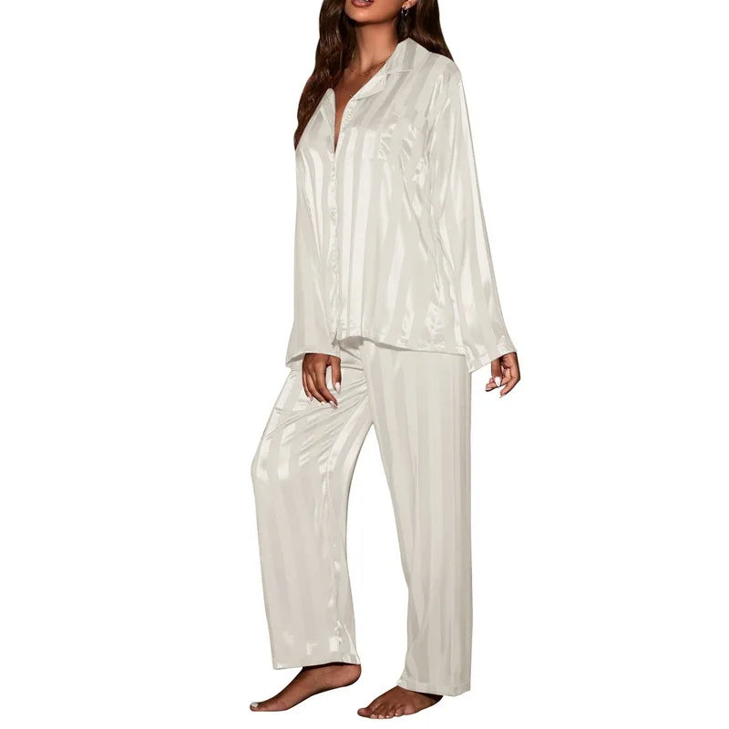 Women's Striped Satin Pajama Set – Solid French Silk 2-Piece Loungewear for Ultimate Comfort