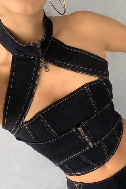 Black denim crop top with cut-out design on a plain background