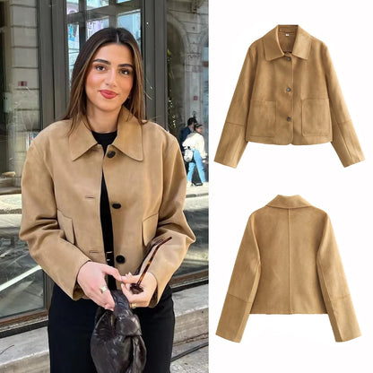 Women’s Suede Jacket Coat – Dark Brown Loose Fit Long Sleeve Coats & Jackets 2025