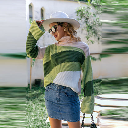 Chic Green Colorblock Turtleneck Sweater for Cozy Autumn Vacation Style