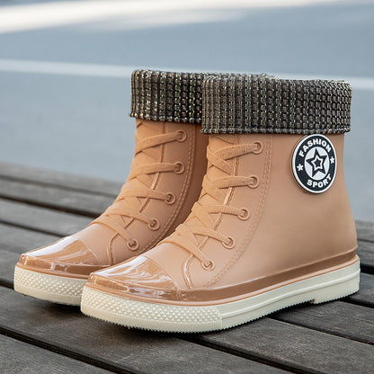 Chic Ankle-Length PVC Rain Boots for Women | Flat Heel Fleece-Lined Footwear