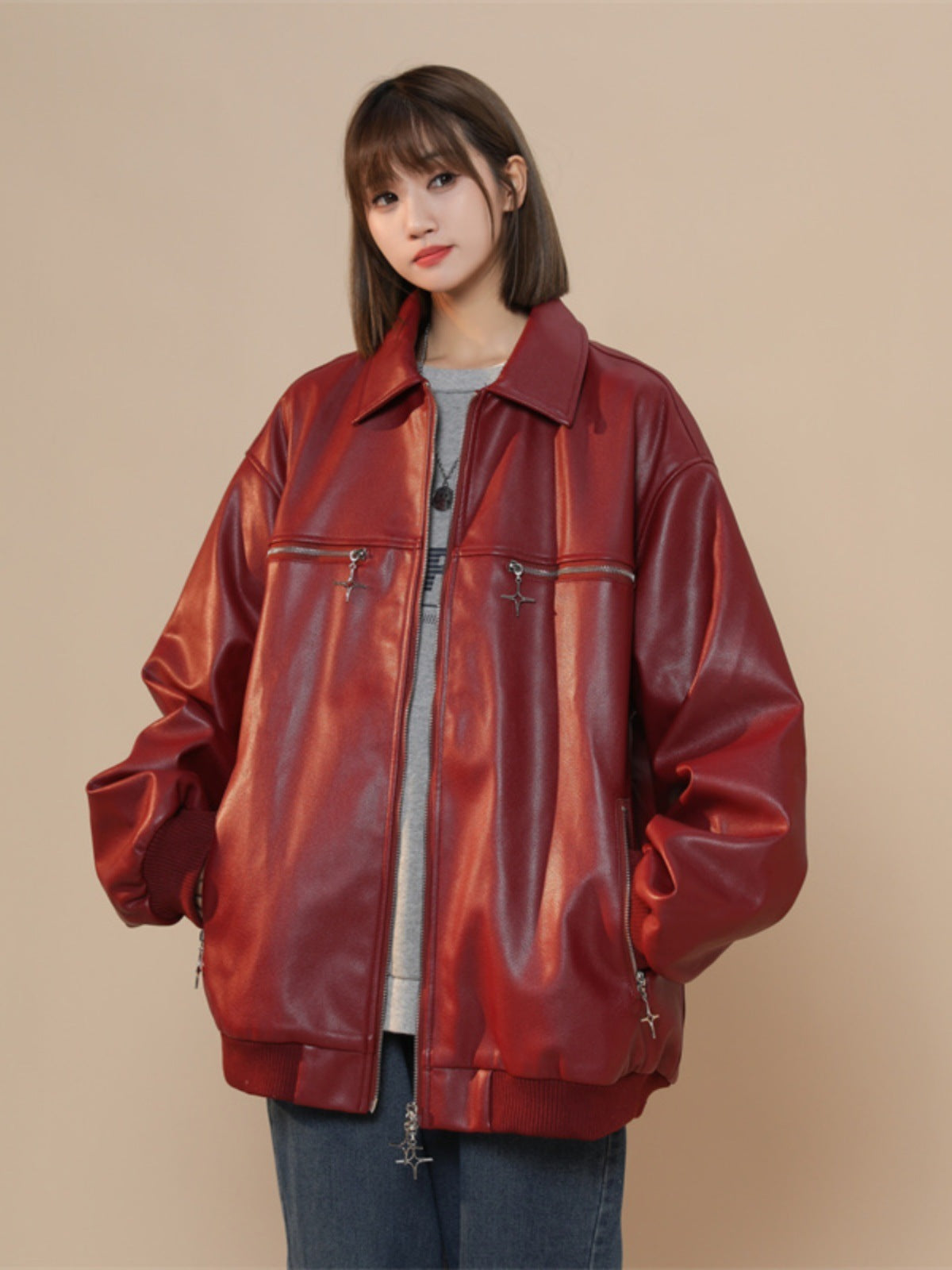 Women Turn Down Collar Gradient Leather Jackets