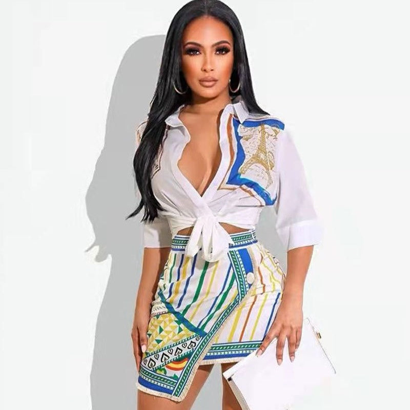 Printed Top & Matching Skirt Two-Piece Outfit Set | Elegant Officewear Style 2025