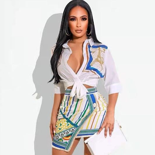 Printed Top & Matching Skirt Two-Piece Outfit Set | Elegant Officewear Style 2025