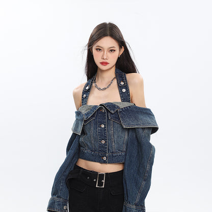 Open Shoulder Irregular Style Crop Denim Coat For Women