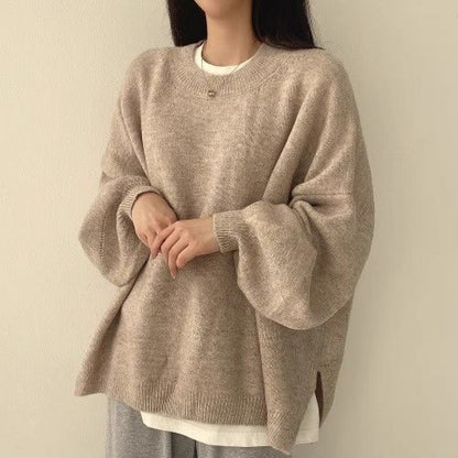 Elegant Lantern Sleeve Crew Neck Loose Pullover Sweater