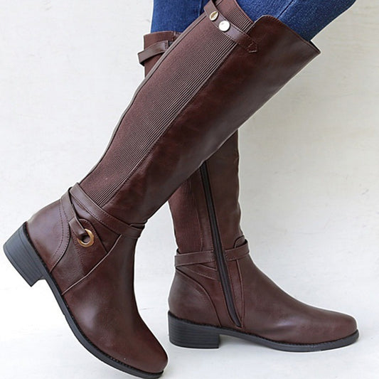 Plus Size Long Tube Boots for Women | Chunky Mid Heel PU Leather Boots