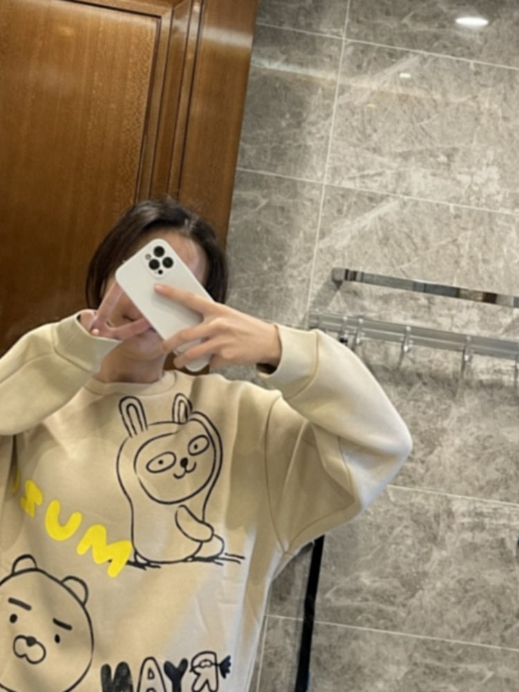 Women’s Cartoon Print Crewneck Sweater – Loose Sweet Style Pullover