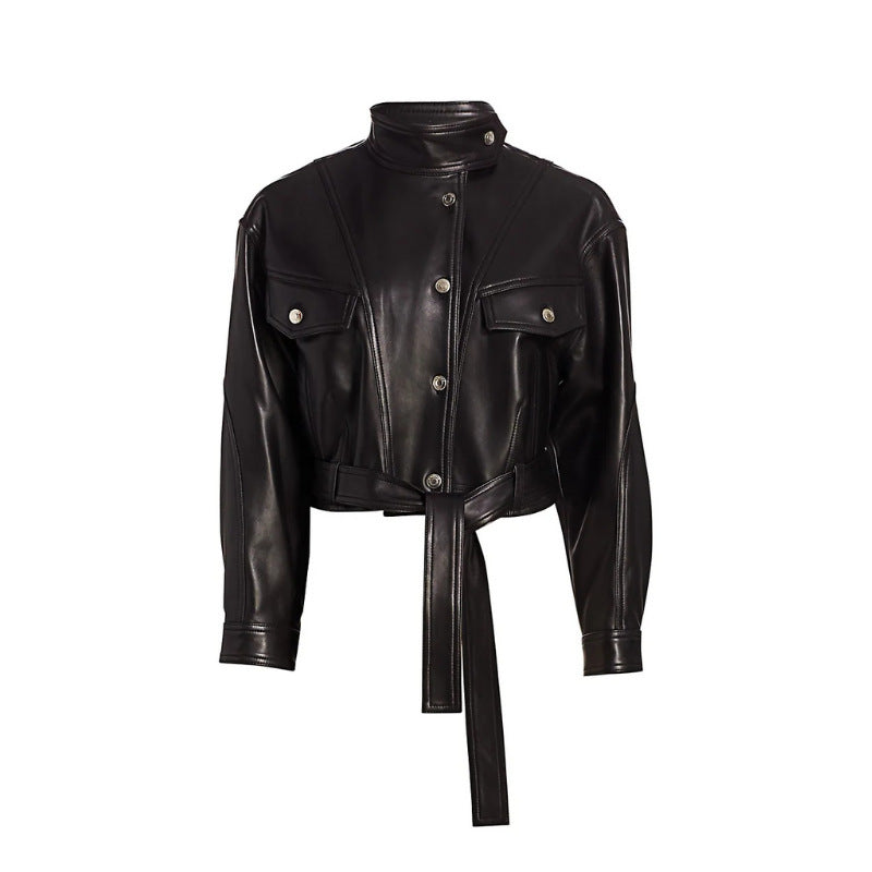 Luxury Black Style Belted Women Leather Jackets