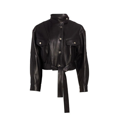 Luxury Black Style Belted Women Leather Jackets