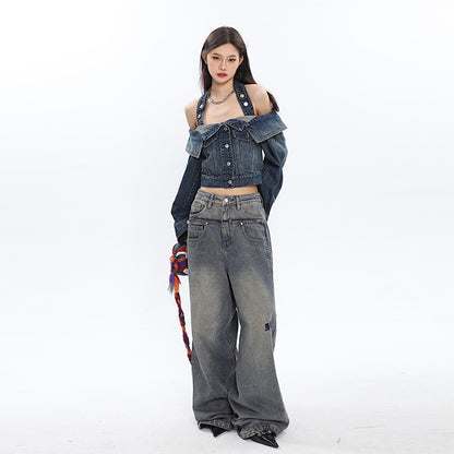 Open Shoulder Irregular Style Crop Denim Coat For Women