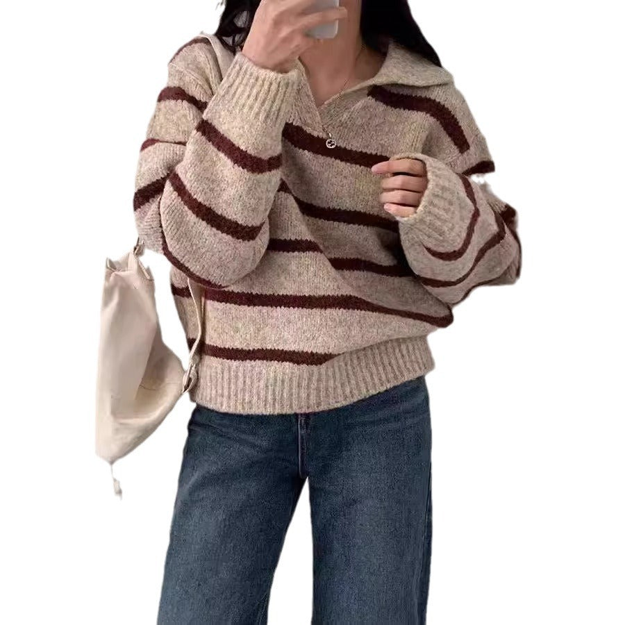 Fall & Winter Lapels Contrast Color Striped Pullover Sweater for Women