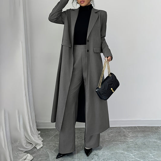 Casual Solid Blazer Suit Women High Waist Straight Pants Office Outfits