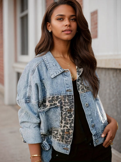 Creative Leopard Cover Pack Style Blue Denim Jacket For Women