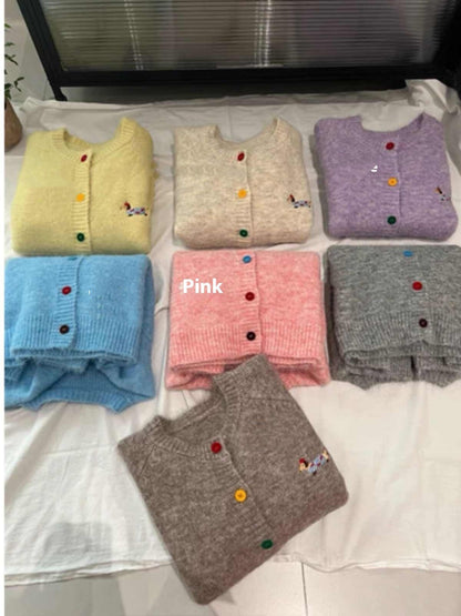 Whimsical Charm: Embroidered Knitted Cardigan Sweater