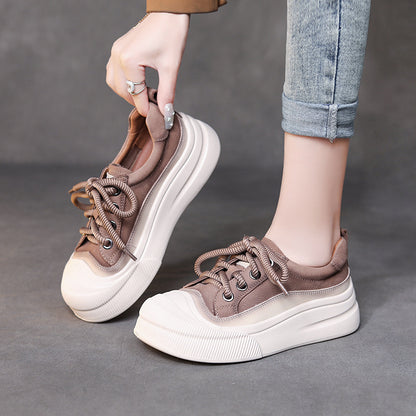 Chunky Bottom Cow Leather Lace Up Slip On Women Shoes