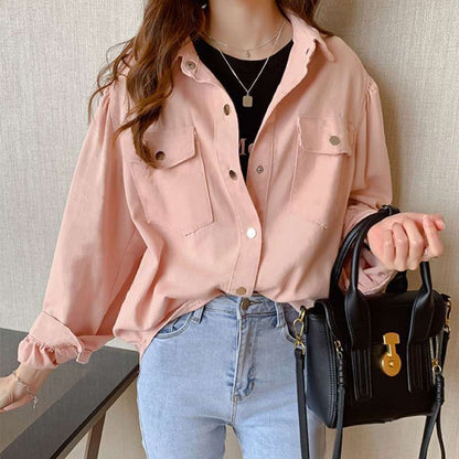 Solid-Color Korean-Style Blouse – Polo Collar Spring Outfit for Women