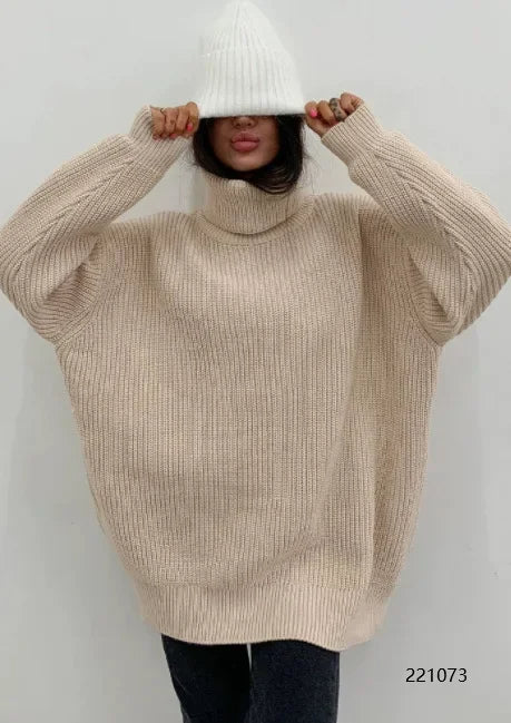 Thick Warm Knit Sweater – Solid Color High Neck Casual Base for Women, Loose Fit Cotton Elastic Pullover for Autumn & Winter