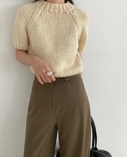 Women’s Rainbow Striped Knit Sweater – Slim Fit Short Sleeve Top