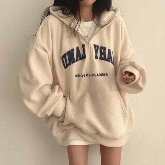 Women's Oversized Fleece Graphic Hoodie with Zipper Detail