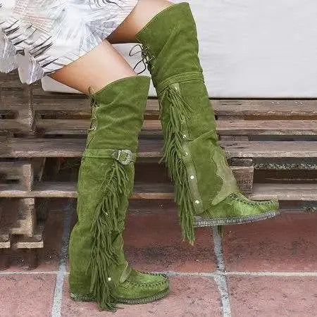 Western Style Tassel Down Faux Suede Long Boots