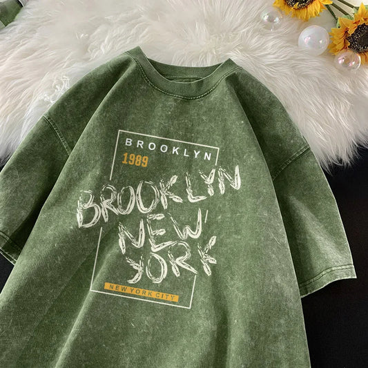 Men’s Washed Cotton T-Shirt – Vintage Letter Print Tee, Casual Summer & Street Style Outfit