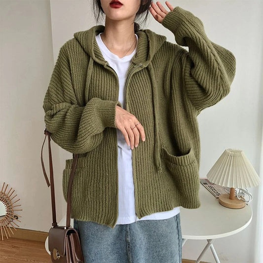 Womens Wool Blend Hooded Sweater Thick Knitted Zipper Cardigan With Pockets Autumn Winter Warm Coat