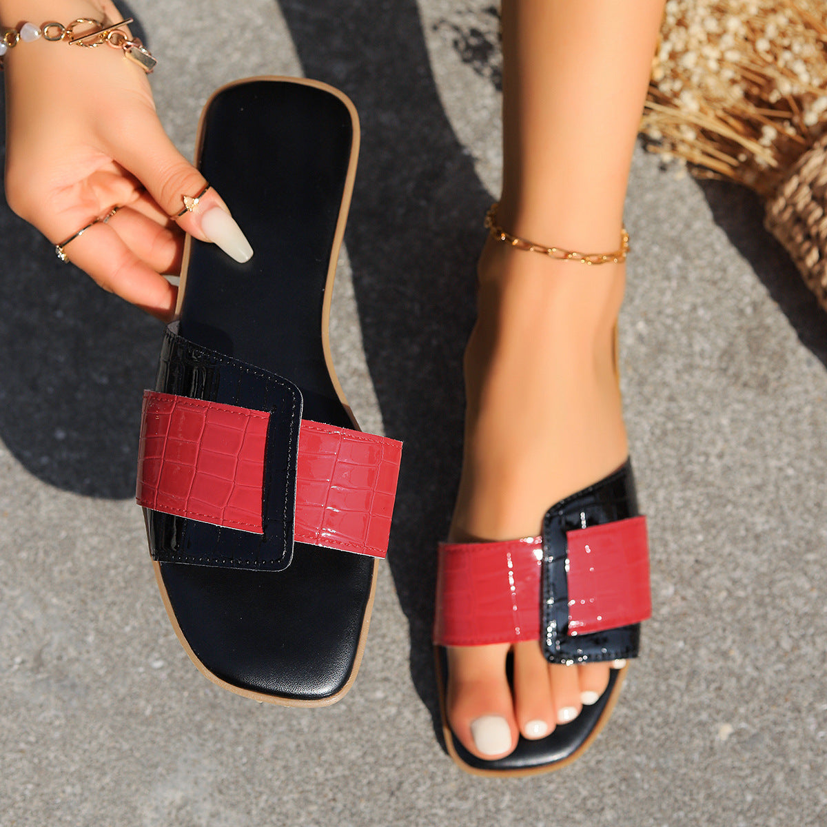 Designer Square Buckle Elegant Flat Slippers For Women