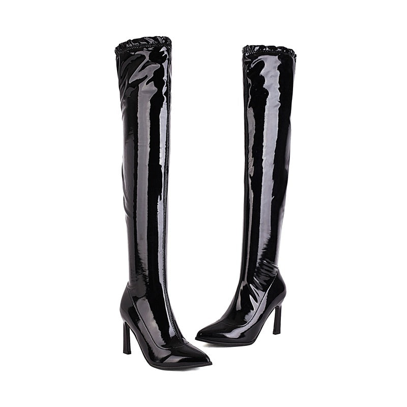High Heel Stretch Over-the-Knee Boots for Women | Patent Leather Pointed Toe Stiletto Boots