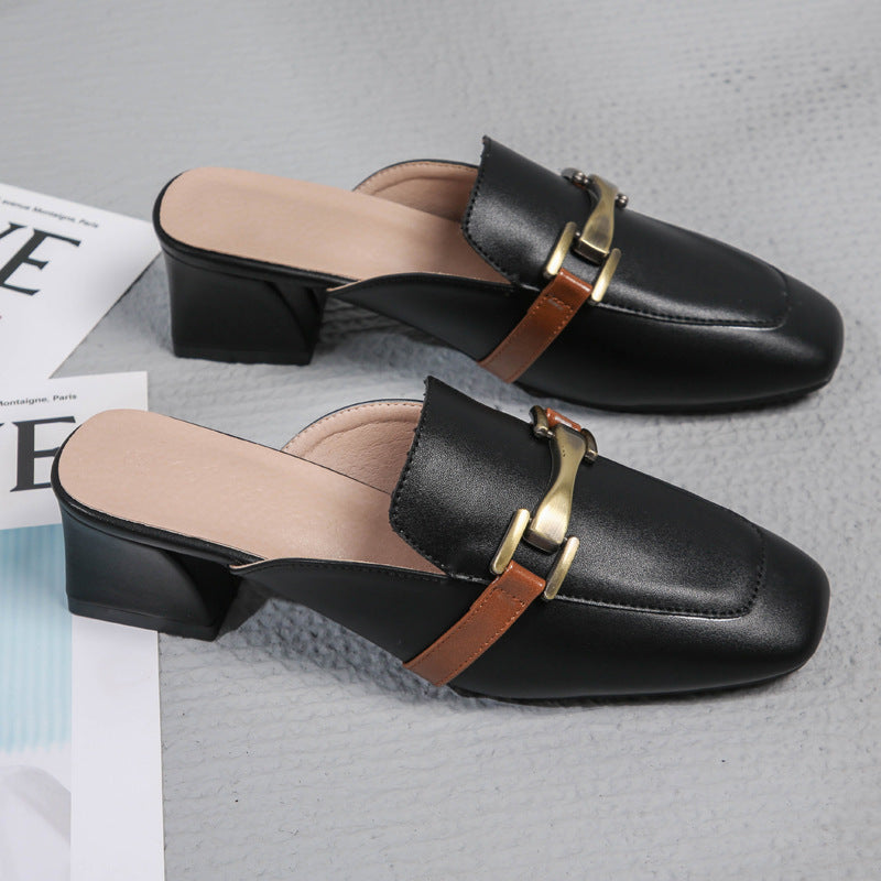 Square Toe Thick Heel Comfortable Slippers For Women