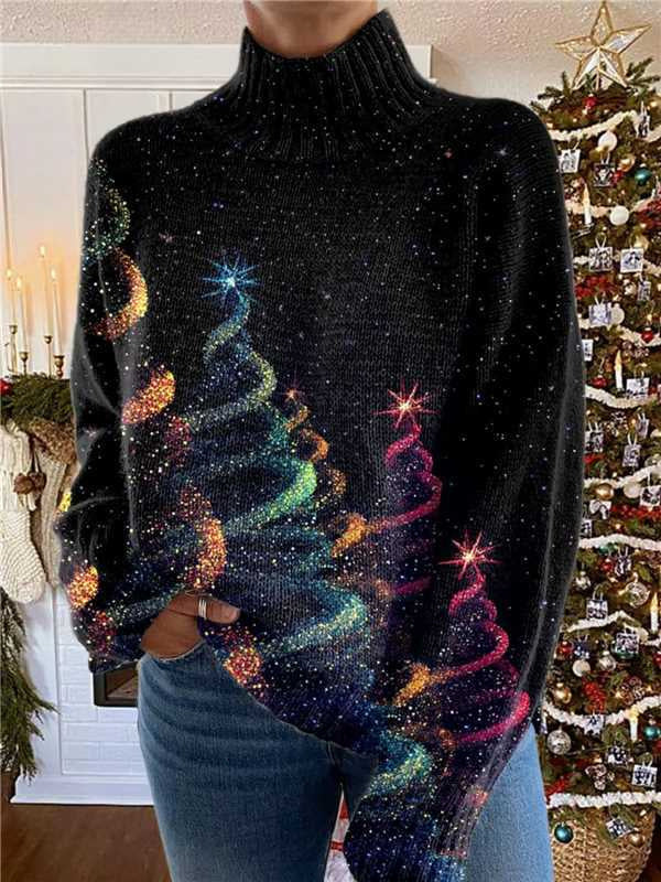 Women’s Christmas Turtleneck Sweater – Festive Printed Loose Pullover Holiday Knit