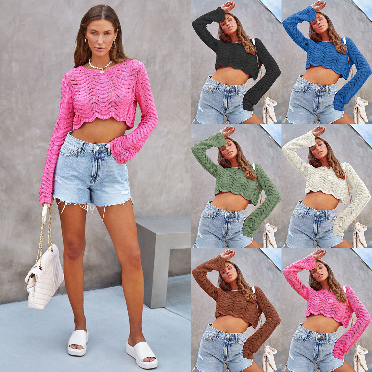 Women's Short Pullover Cropped Sweaters – Hollow Bell Sleeve Streetwear Knit