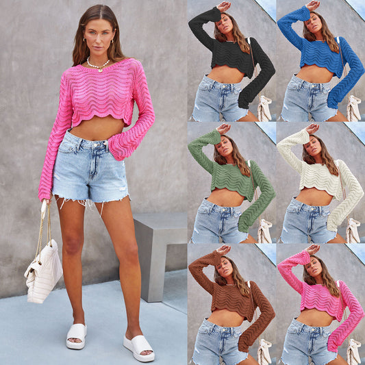 Women's Short Pullover Cropped Sweaters – Hollow Bell Sleeve Streetwear Knit