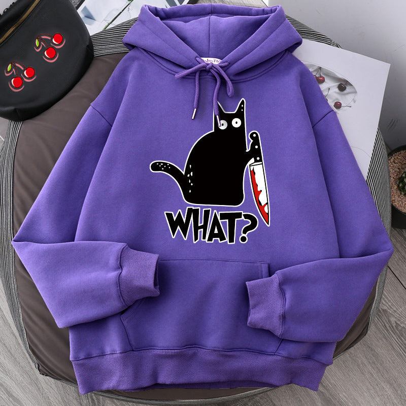 Cozy Style for Teens Killer Black Cat Patterned Wool-Lined Hoodies