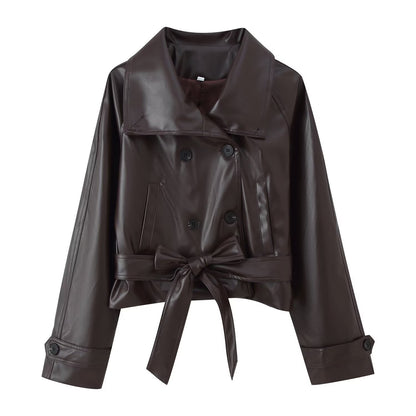 Ladies Long Sleeve Patent Leather Lapel Cropped Coats